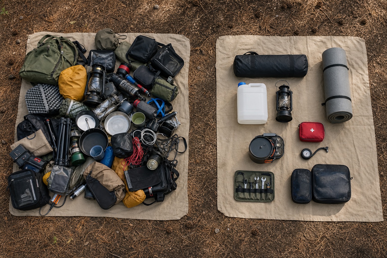 An overhead comparison of a crowded camping gear pile and a modest organized weekend kit on two canvas ground cloths