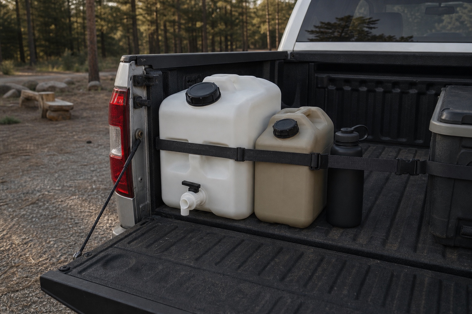 Two different size water containers and a backup bottle secured by a black strap in an open truck bed